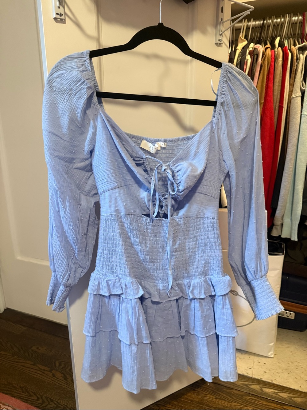 ASTR Light Blue Puff Sleeve Smocked Ruffle Mini Dress